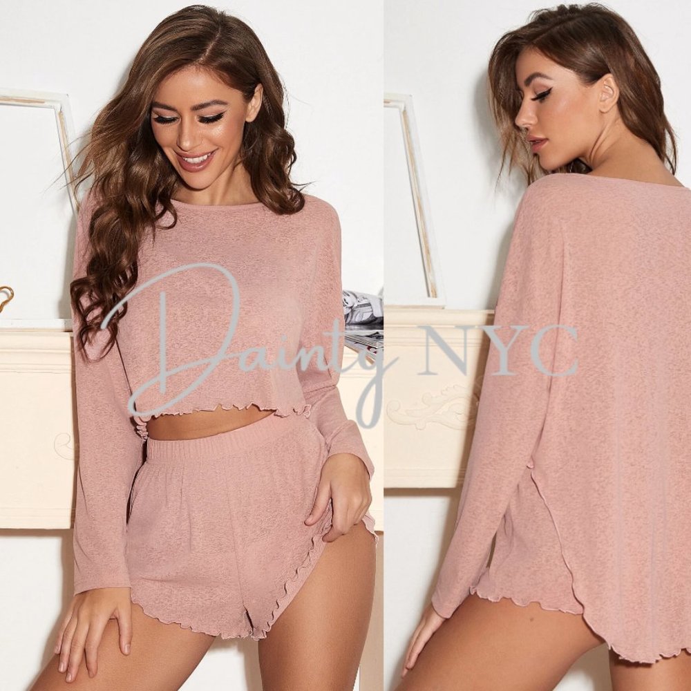 Dusty Rose Pink Lettuce Edge Shorts High Low Top
